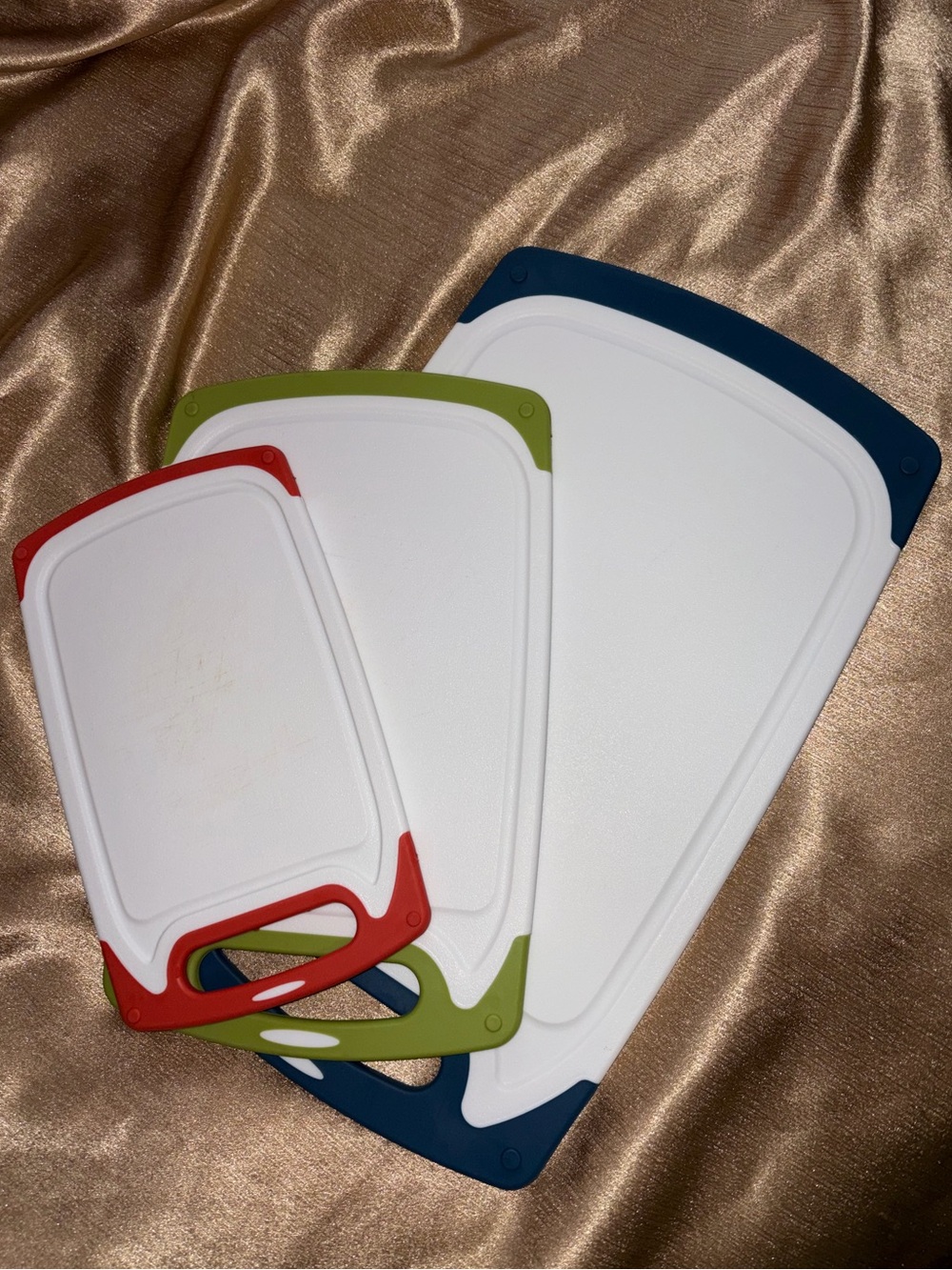 Set of 3 White Plastic Cutting Boards with Red, Green, and Navy Handles